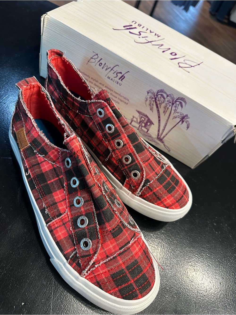Blowfish womens Red Plaid Slip-On Sneakers
